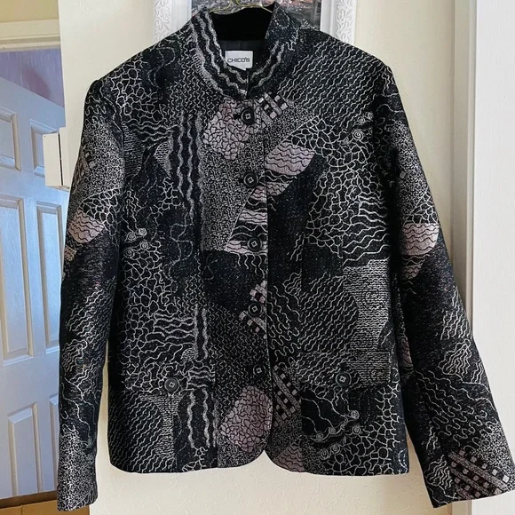 Chico’s woman’s metallic brocade jacket, Black/Silver, size 0 beautiful pattern- - Picture 4 of 16